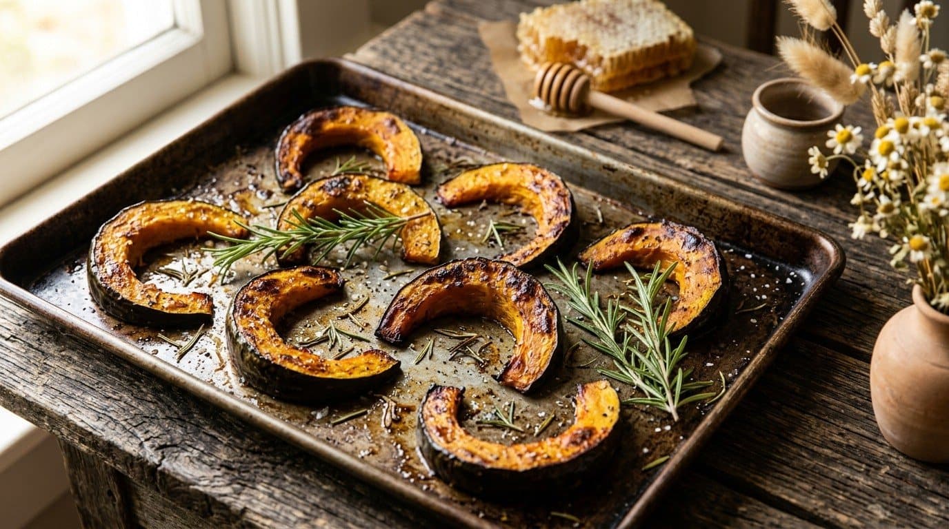 Fatias de abóbora cabotiá em meia-lua assadas numa assadeira de metal, com casca escura e bordas caramelizadas, ramos de alecrim entre elas; ao fundo, favo de mel e uma colher de mel