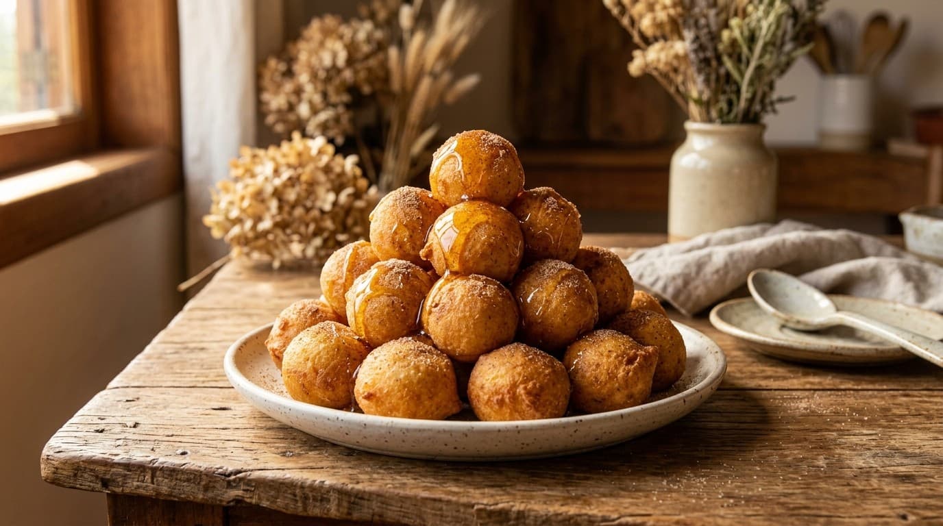 Bolinhos de chuva dourados empilhados num prato de cerâmica clara, regados com mel âmbar e polvilhados de canela, sobre mesa de madeira envelhecida, com uma tigela de canela em pau ao lado