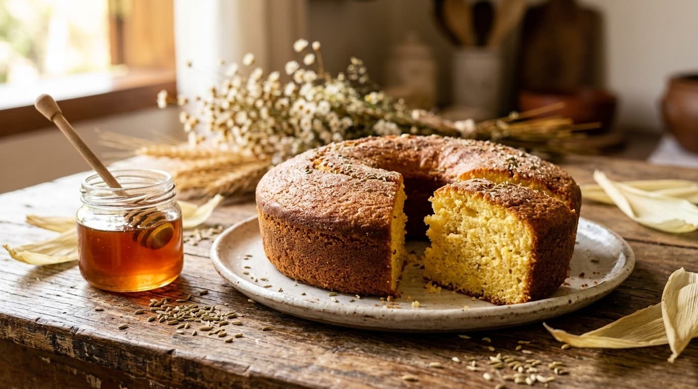 Bolo de fubá dourado num prato de cerâmica clara, com uma fatia cortada mostrando o miolo amarelo e úmido, sobre mesa de madeira envelhecida, ao lado de um pote de vidro com mel âmbar e grãos de erva-doce espalhados