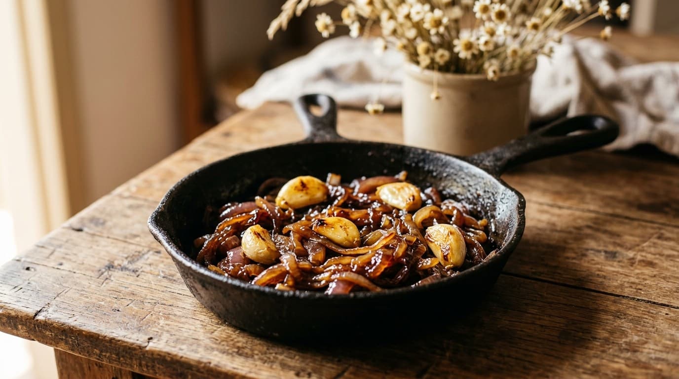 Cebola roxa caramelizada, escura e brilhante, numa frigideira de ferro pequena, com dentes de alho assados inteiros entre as fatias, sobre mesa de madeira envelhecida