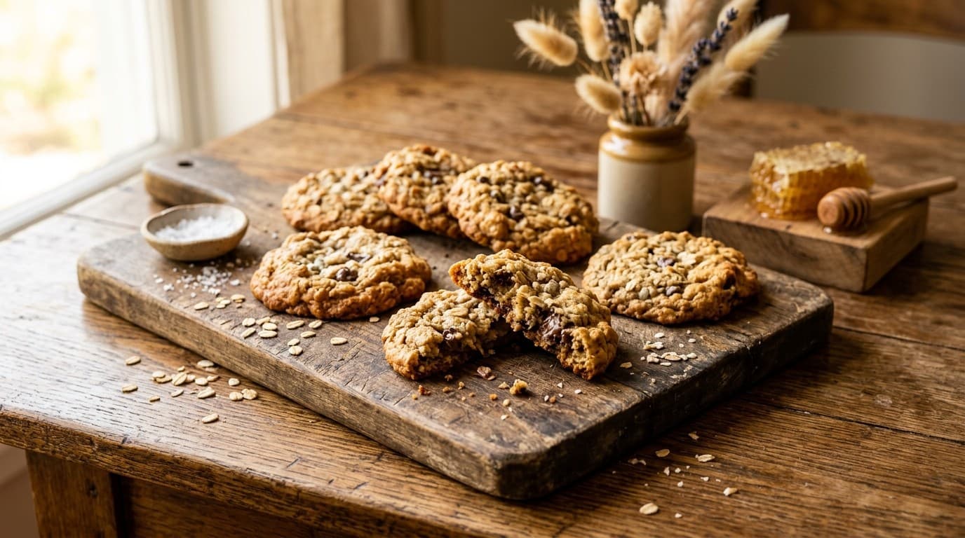 Cookies de aveia sobre tábua de madeira envelhecida, bordas douradas e miolo mais claro, um deles partido ao meio; flocos de aveia soltos pela tábua e, ao fundo, um pedaço de favo de mel com uma colher de mel