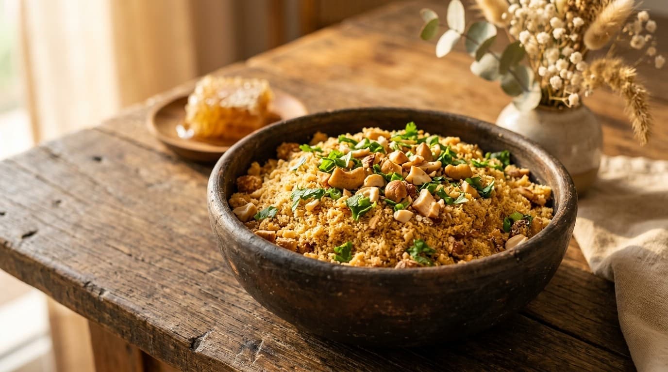 Tigela de barro com farofa dourada e solta, pedaços de castanha e cheiro-verde picado na superfície, sobre mesa de madeira rústica, com favo de mel e flores secas ao fundo