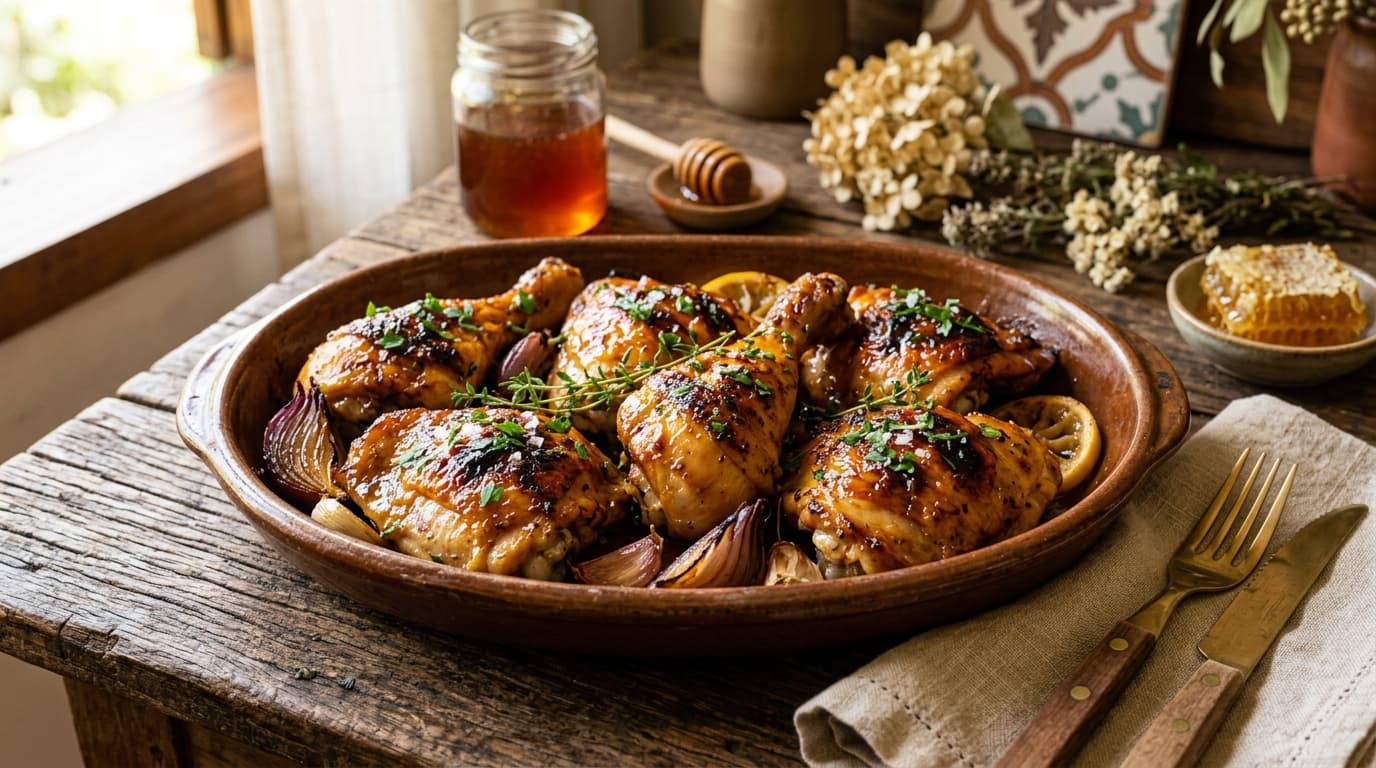 Travessa de barro com coxas e sobrecoxas de frango assadas e douradas, salpicadas de tomilho, sobre mesa de madeira envelhecida; ao lado, um pote de mel âmbar, uma colher de mel, um pedaço de favo e flores secas claras