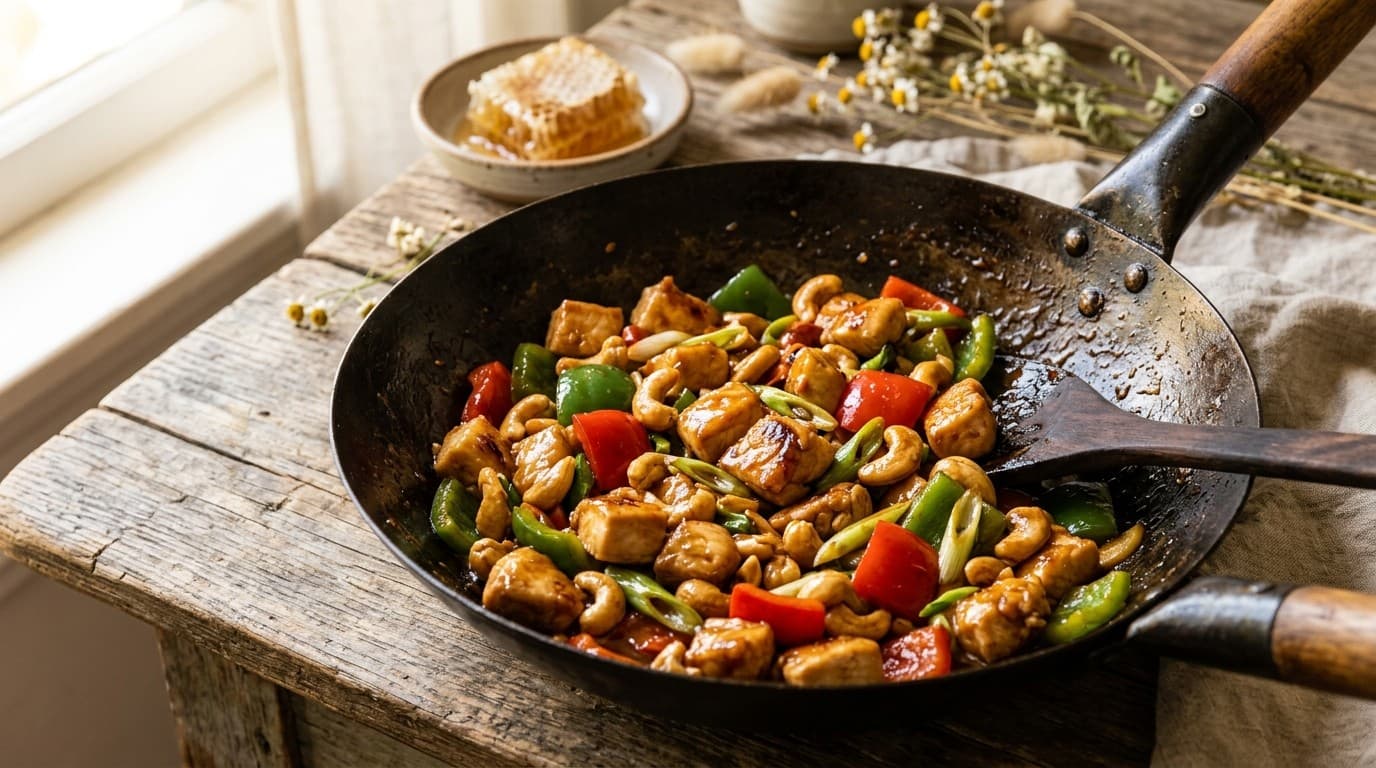 Frigideira de ferro escura com cubos de frango dourados, quadrados de pimentão vermelho e verde ainda firmes e castanhas de caju inteiras, tudo envolvido em molho brilhante, sobre mesa de madeira