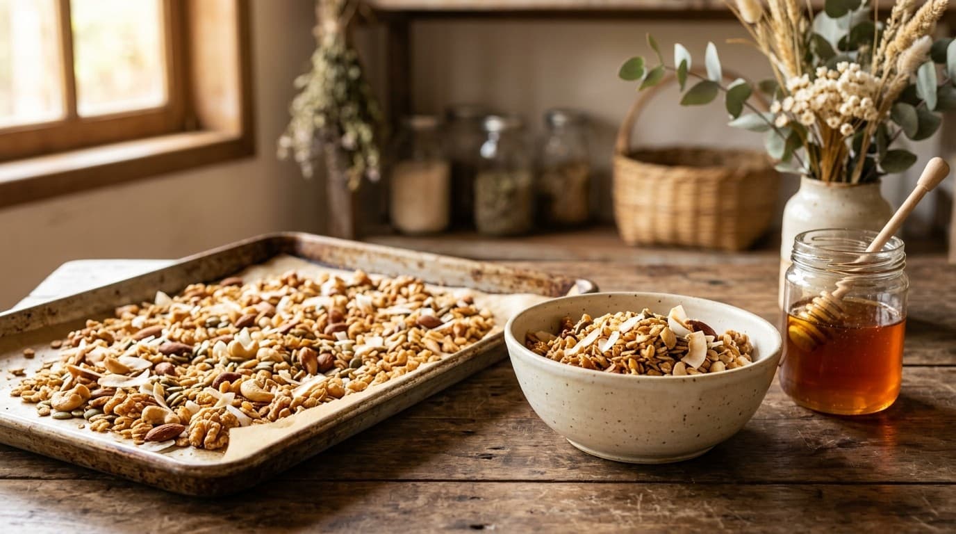 Granola dourada com castanhas e lascas de coco espalhada numa assadeira, parte dela servida numa tigela de cerâmica clara, sobre mesa de madeira envelhecida, ao lado de um pote de vidro com mel âmbar