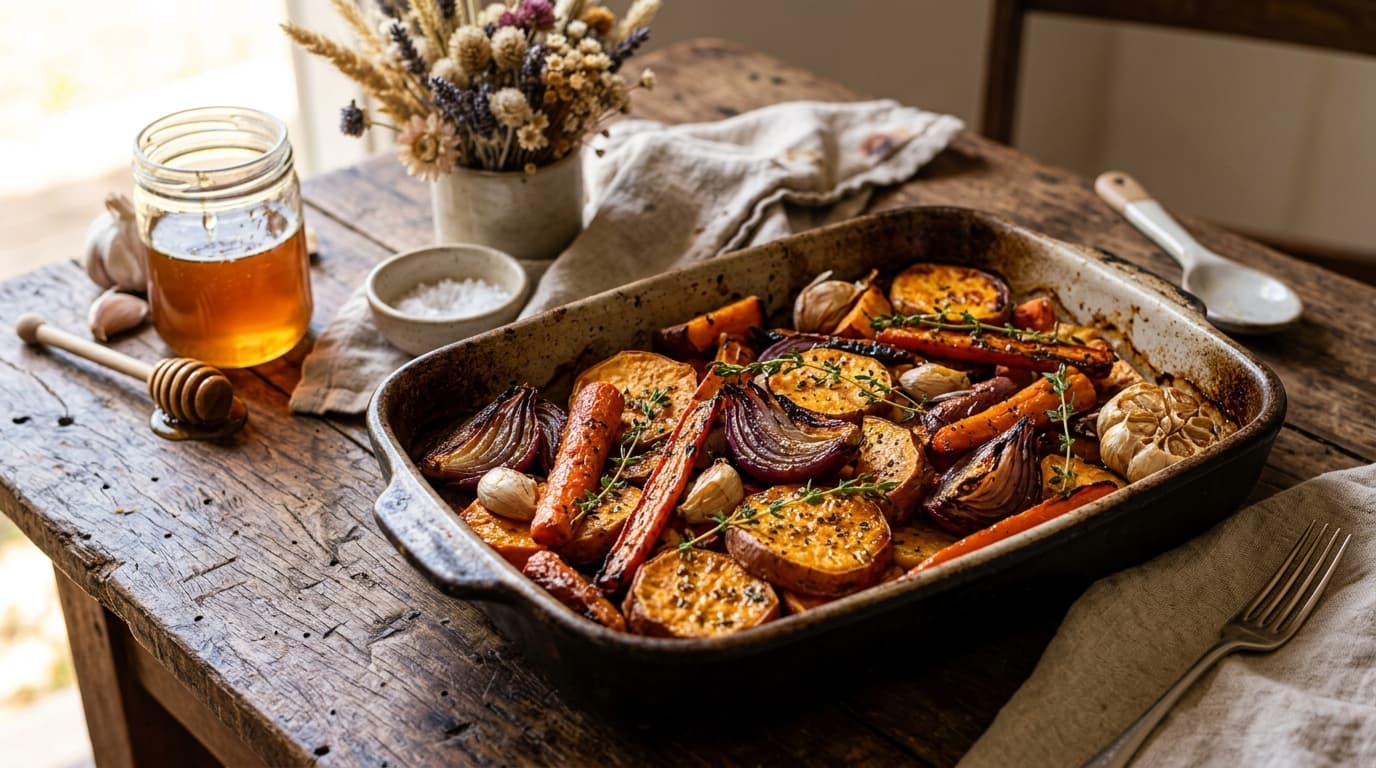 Assadeira de cerâmica com batata-doce, cenoura e cebola roxa assadas e douradas, com dentes de alho inteiros e ramos de tomilho entre os legumes, sobre mesa de madeira envelhecida; ao lado, um pote de vidro com mel âmbar e uma colher de mel