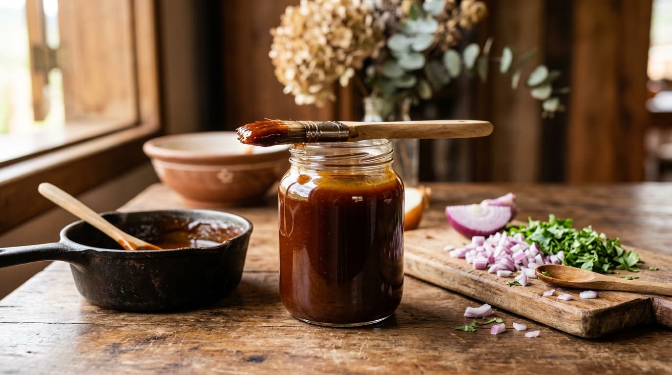 Pote de vidro com molho barbecue escuro e brilhante e um pincel de cozinha apoiado na borda, sobre mesa de madeira envelhecida, ao lado de uma panela de ferro e de uma tábua com cebola roxa picada e salsinha