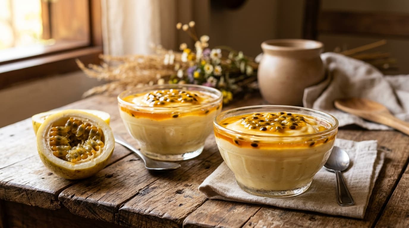 Duas taças de vidro com mousse de maracujá amarelo-claro cobertas por calda de mel com sementes de maracujá, sobre mesa de madeira envelhecida, com meio maracujá partido ao lado