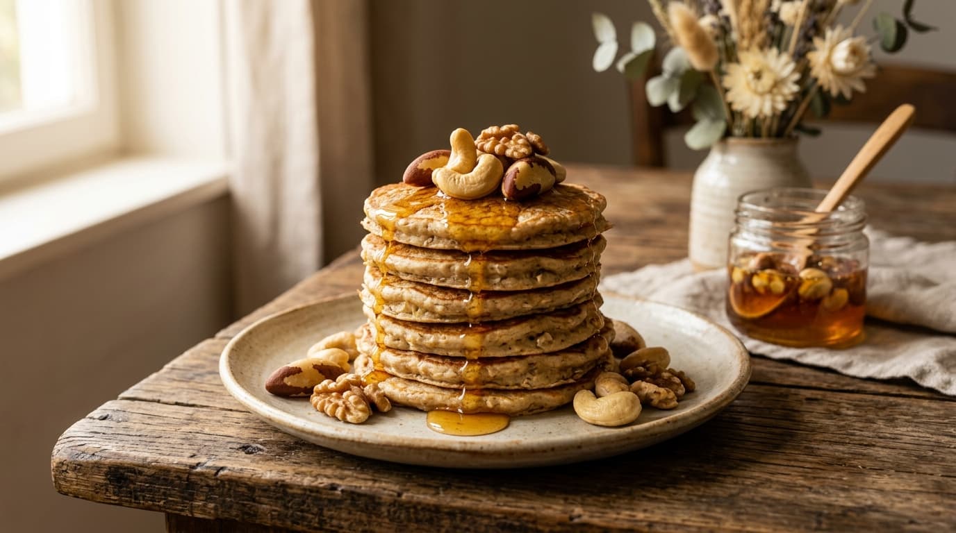 Pilha de panquecas douradas de banana e aveia num prato de cerâmica clara sobre mesa de madeira envelhecida, com mel escorrendo e castanha-de-caju, castanha-do-pará e nozes por cima e ao redor; ao lado, um pote de vidro com mel e castanhas dentro