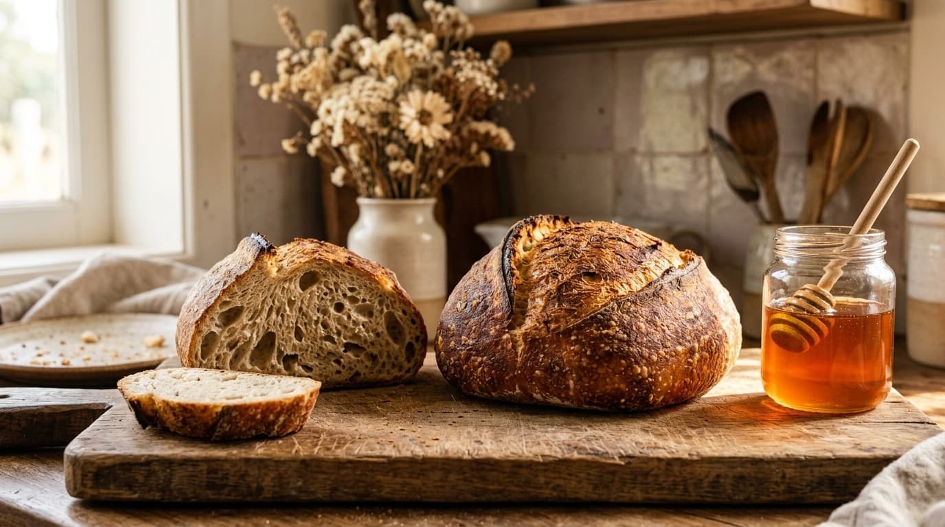 Dois pães caseiros de casca dourada e escura sobre tábua de madeira envelhecida, um deles cortado em fatias mostrando o miolo aerado, ao lado de um pote de vidro com mel âmbar e uma colher de mel