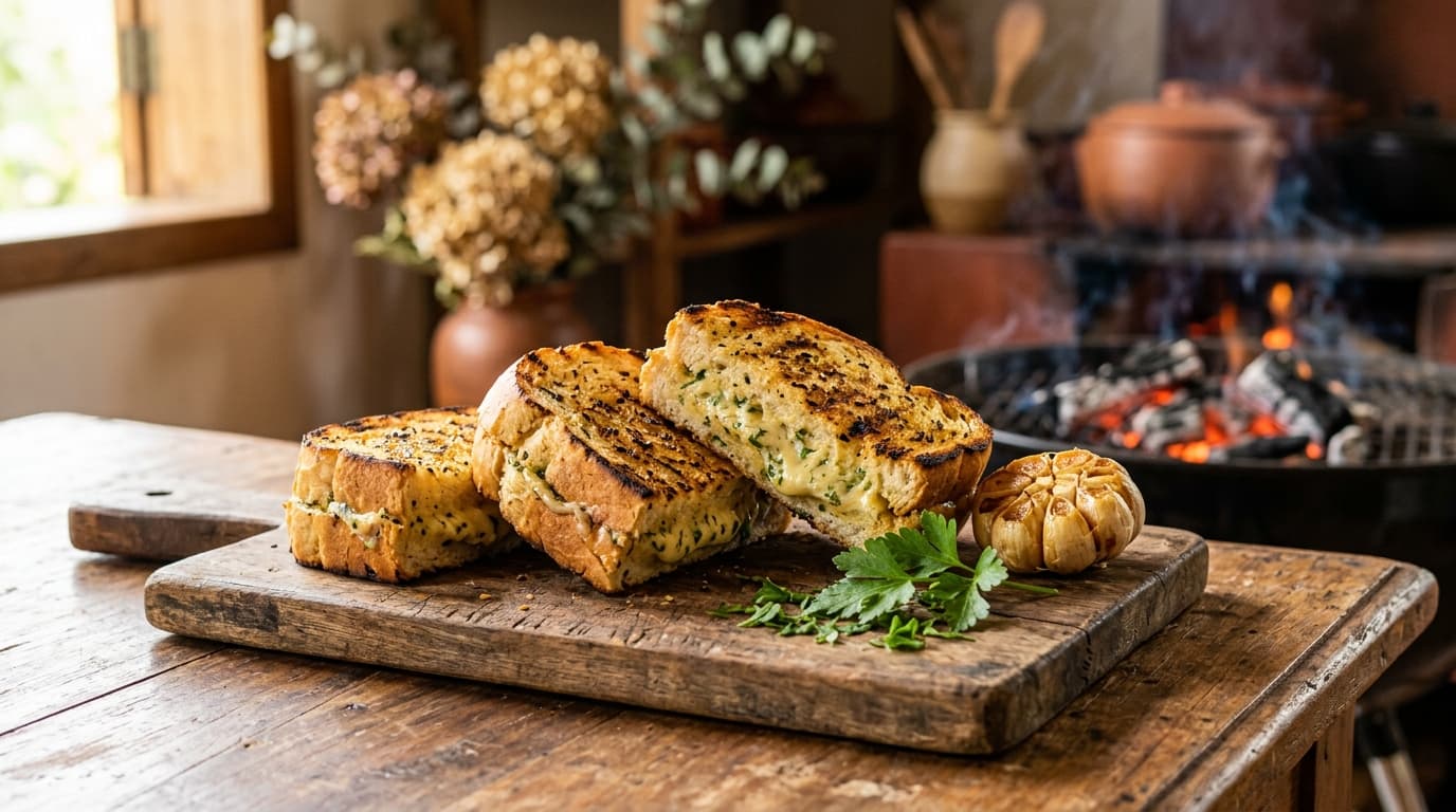 Pães franceses abertos em fatias grossas, recheados com creme de alho e dourados na grelha, sobre tábua de madeira, com uma cabeça de alho assada e salsinha ao lado e a brasa da churrasqueira desfocada ao fundo
