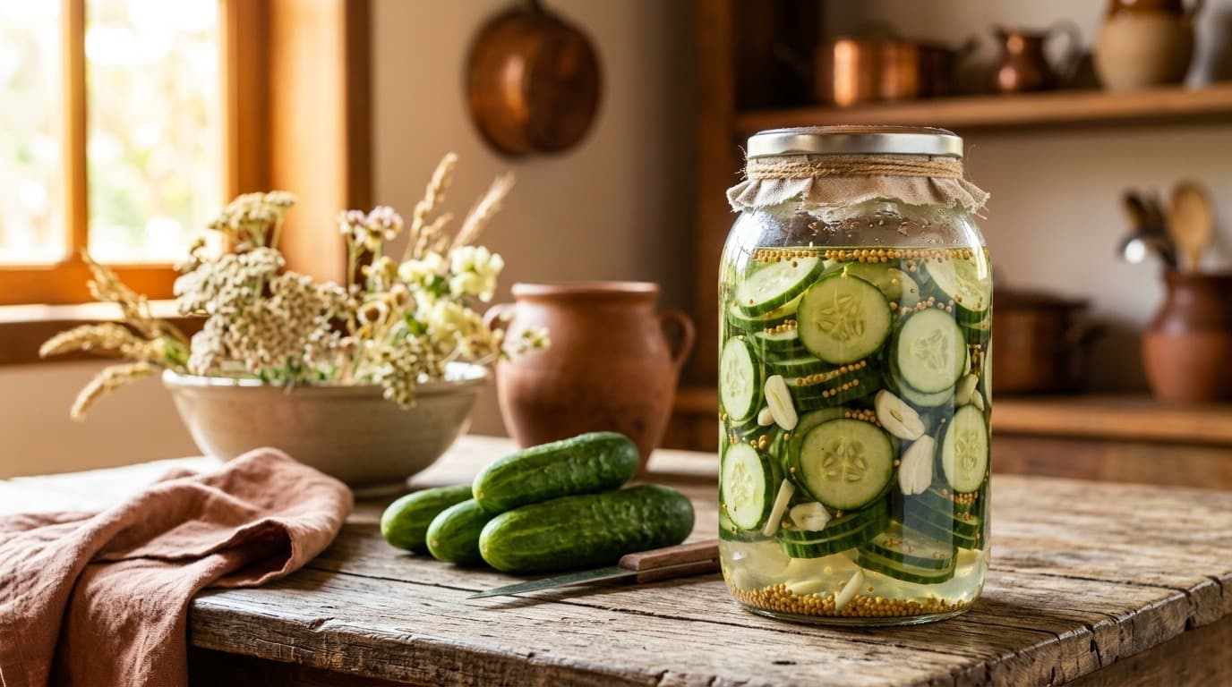 Pote de vidro alto com rodelas de pepino em conserva, lâminas de alho e grãos de mostarda visíveis na salmoura clara, sobre mesa de madeira envelhecida, com pepinos frescos e uma tigelinha de sal ao lado