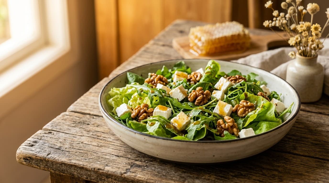 Tigela rasa de cerâmica clara com folhas verdes de alface e rúcula, cubos de queijo branco e castanhas inteiras espalhadas por cima, com fio de molho dourado escorrendo; ao fundo, favo de mel e um vaso de flores secas