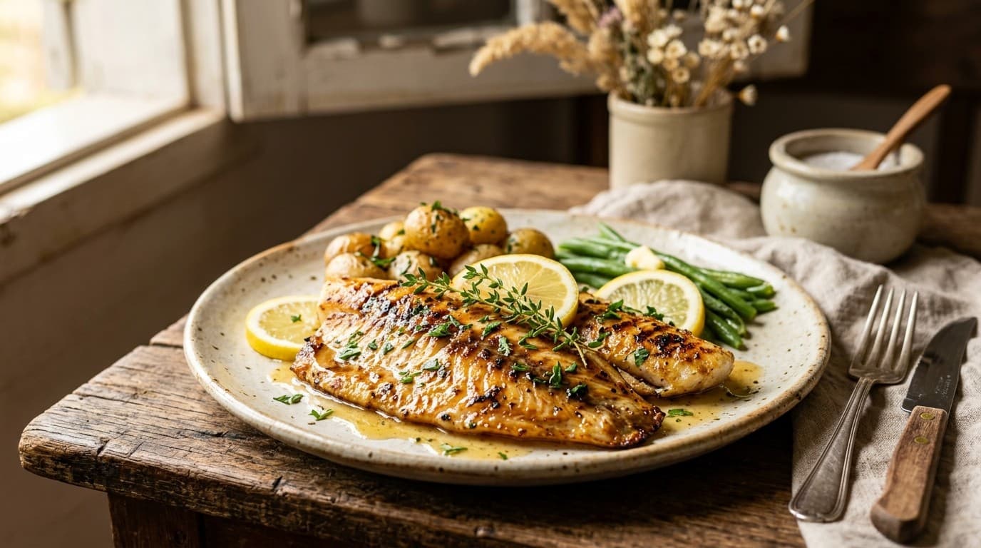 Filés de tilápia grelhados e dourados num prato de cerâmica clara, banhados em molho brilhante de manteiga e limão, com ramos de tomilho e rodelas de limão, sobre mesa de madeira envelhecida