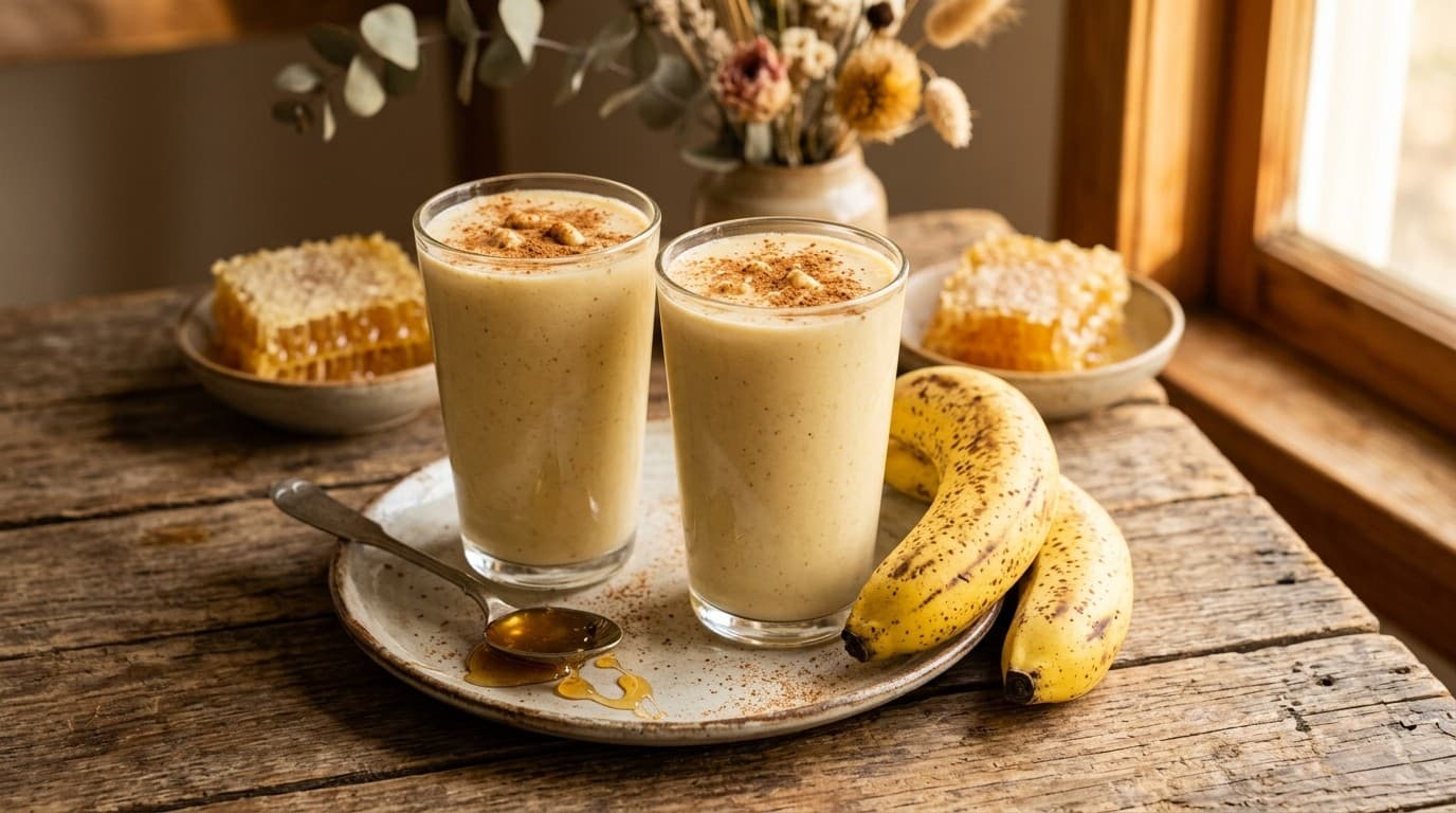 Dois copos altos de vitamina de banana clara e cremosa, com canela polvilhada na superfície, apoiados num prato de cerâmica ao lado de bananas maduras e de uma colher com mel escorrendo